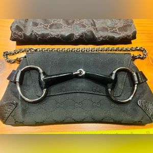 Gucci small clutch canvas logo fabric leather trim & flap. horsebit,chain strap